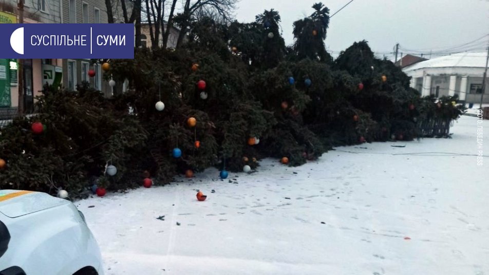 новогоднее дерево упало утром 19 декабря на Соборной площади города Лебедин Сумской области