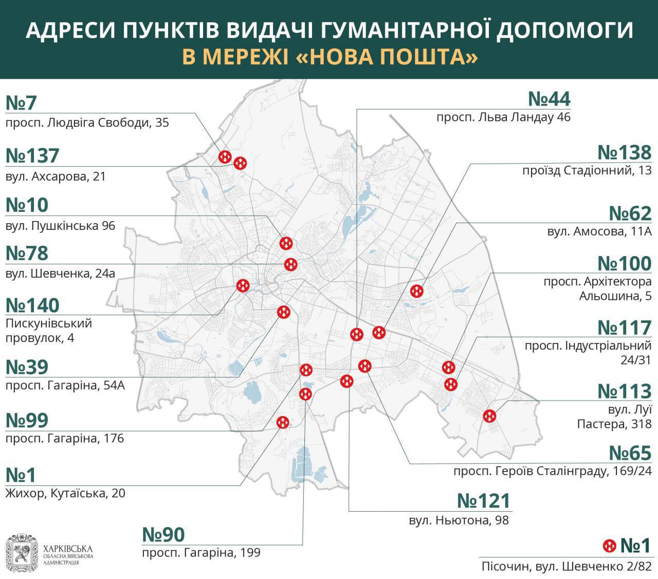 Адреса пунктов выдачи гуманитарной помощи в «Новой Почте»: