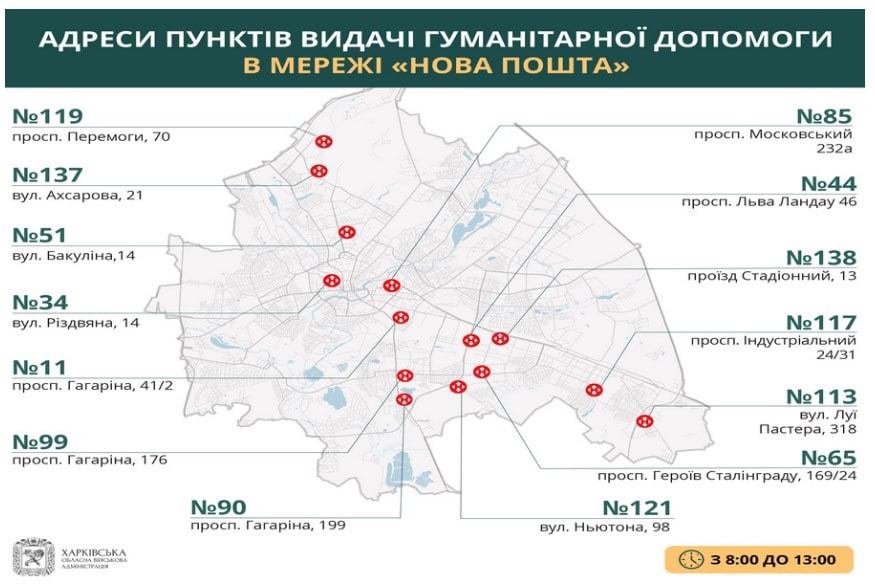 Адреса раздачи гуманитарной помощи в Харькове на 21 апреля