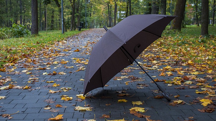 раскрытый зонт на дорожке в парке